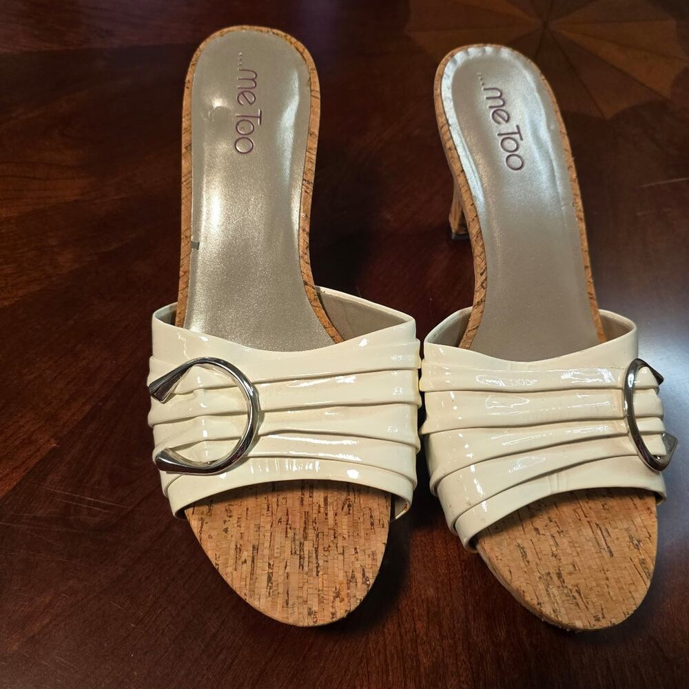 Me Too Women's White Patent Cork Wedge Heels Sandals Size 8.5